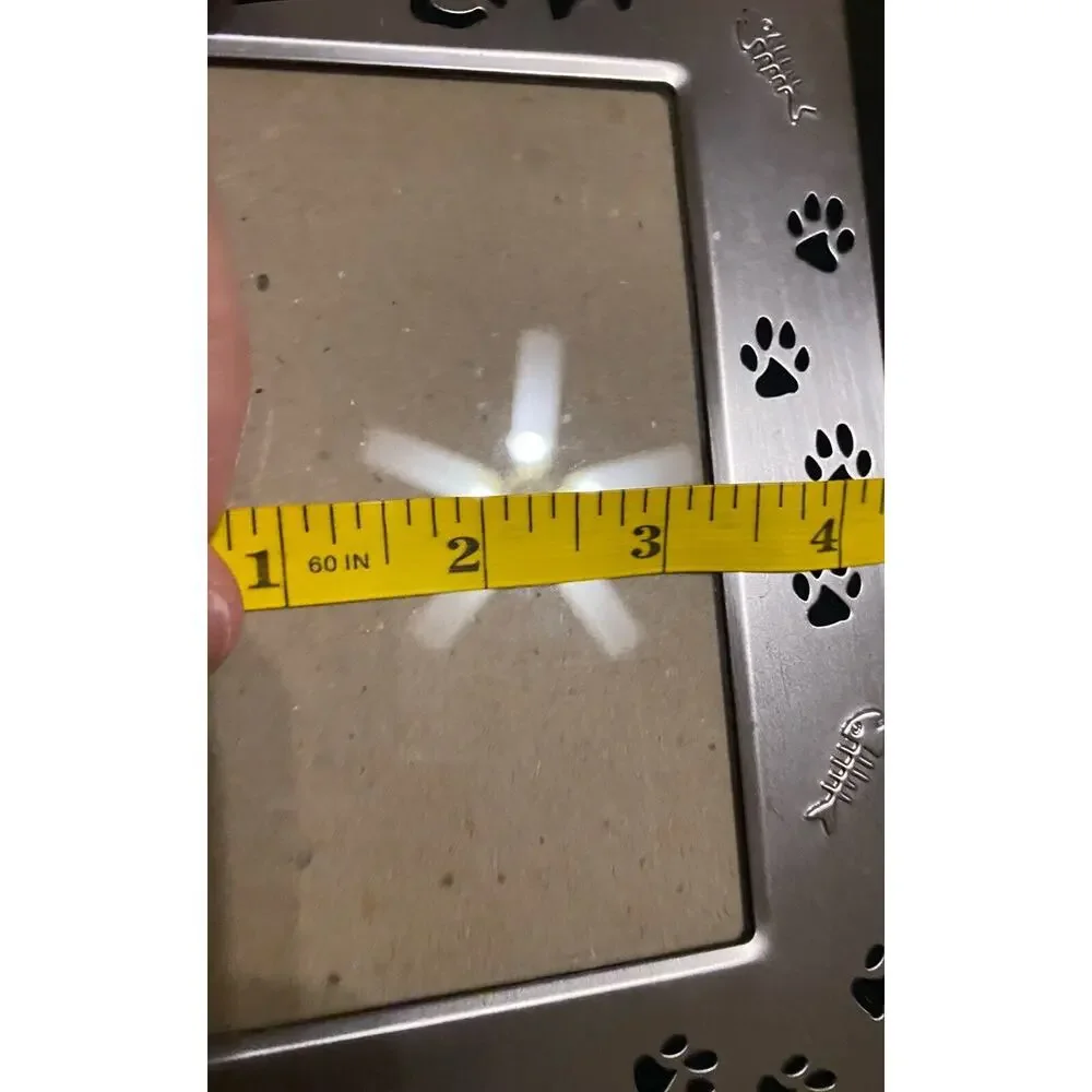 Vtg Cat Photo Picture Frame Brushed Silver Metal Meow Paw Print Fish Bones Pet